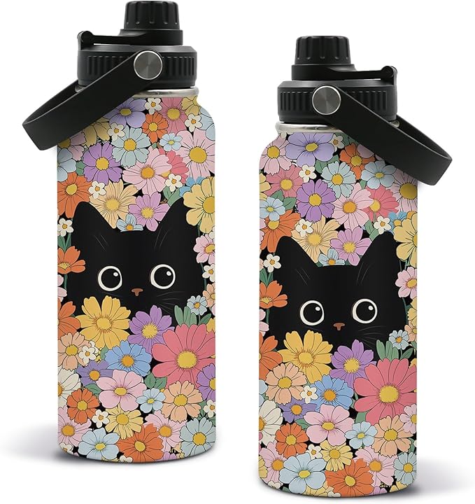 CGMIBAS Cat Water Bottle 32oz - Insulated Stainless Steel for Pets - Leak Proof Straw Lid, BPA-Free - Ideal Cat Gifts for ...