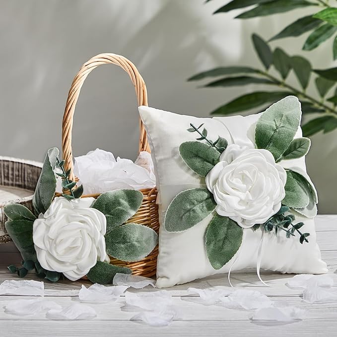 Otuuz Rustic Flower Girl Basket and Ring Bearer Pillow Set with 600 Pcs Rose Petals Flower Girl Basket Boho Rustic Flower ...