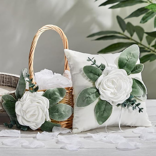 Otuuz Rustic Flower Girl Basket and Ring Bearer Pillow Set with 600 Pcs Rose Petals Flower Girl Basket Boho Rustic Flower ...