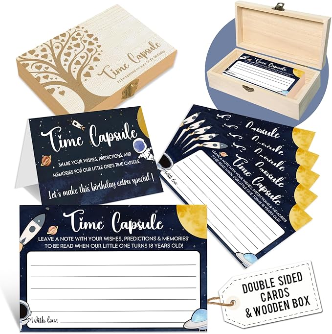 EMNAPH Time Capsule Box for 1st Birthday - Baby's First Birthday Keepsake Kit with 50 Pcs Space Party Games Cards, Child-S...