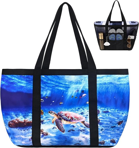 Fomaris Mesh Beach Bag - Large Beach Tote with Zipper Pocket, Toys Pool Bag for Family Travel Vacation Cruise Essentials