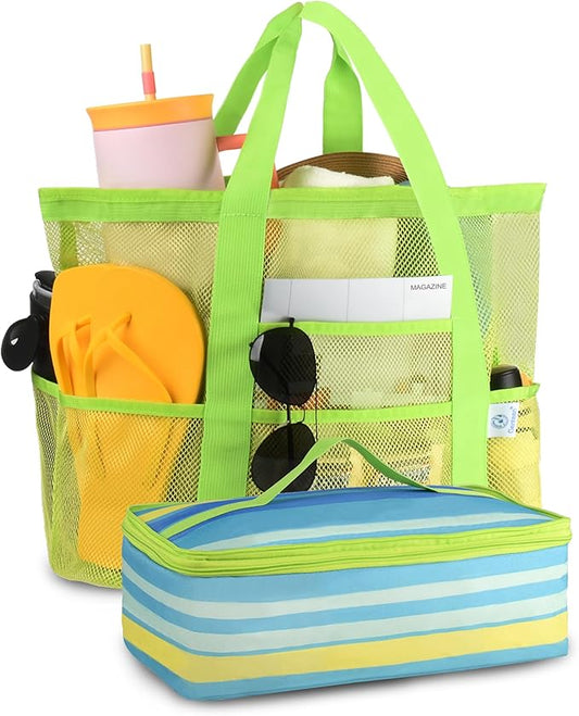Genteen Beach Bag for Women, Mesh Tote Bags with Zipper, Sandproof Vacation Essentials with Cooler for Swim Cruise Pool