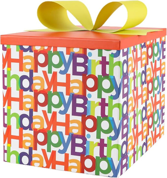 BIOBROWN Medium Birthday Gift Boxes with Lids for Presents, 9x9x9 Inches Text Design Collapsible Gift Box for Birthday, Ba...