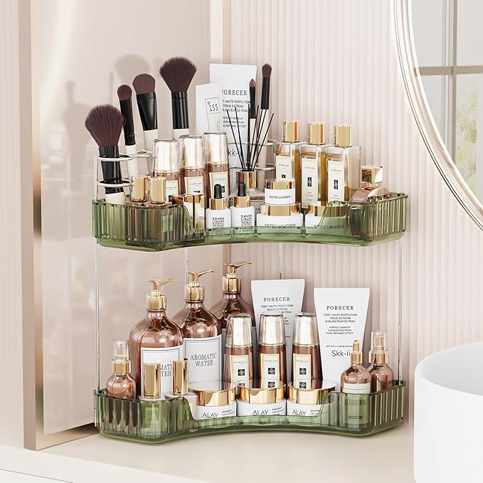 Asayuee 2-Tier Corner Bathroom Counter Organizer with Top Toothbrush Holders,Large Makeup Organizer Countertop with Brush ...