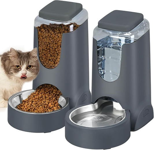 Automatic Cat Feeder and Water Dispenser with Stainless Steel Bowl Dog Gravity Food Feeder and Waterer for Small Medium Pe...