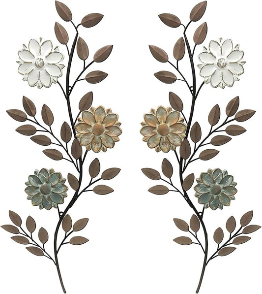 MorningRo 2 Pcs Metal Flower Leaves Wall Art Spring Wall Decor Living Room, 15.75 Inch Vintage Rustic Branch Leaf Wrought ...