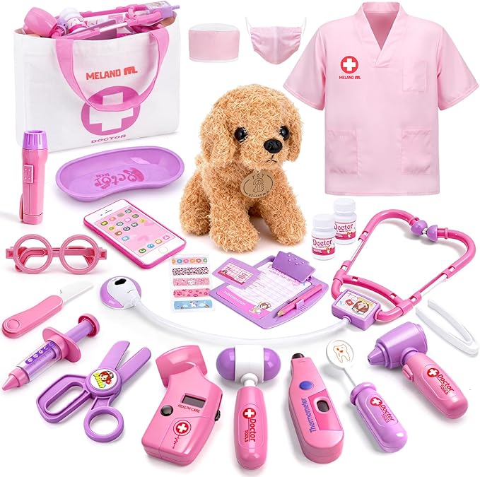 Meland Toy Doctor Kit for Girls, Pretend Play Toy Doctor Set with Dog , Carrying Bag, Stethoscope & Dress Up Costume Gift ...