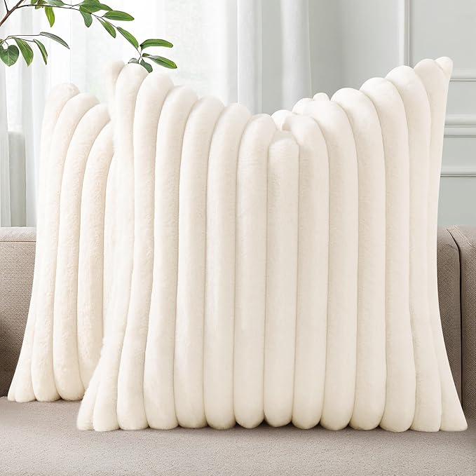 Pallene Faux Fur Plush Throw Pillow Covers 18x18 Set of 2, Luxury Soft Fluffy Striped Decorative Pillow Covers for Sofa, C...