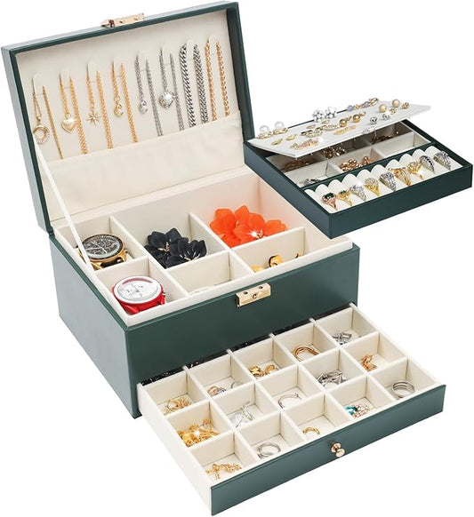 Song Xi Jewelry Box for Women Girl Wife - Large PU Leather Jewelry Organizer Storage Case with Two Layers Display for Earr...