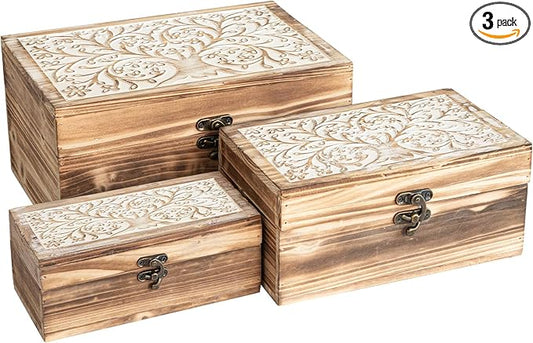MODE HOME 3 Piece Tree of Life Carved Wooden Keepsake Boxes with Lids, Decorative Storage Boxes for Home decor, Trinket Bo...