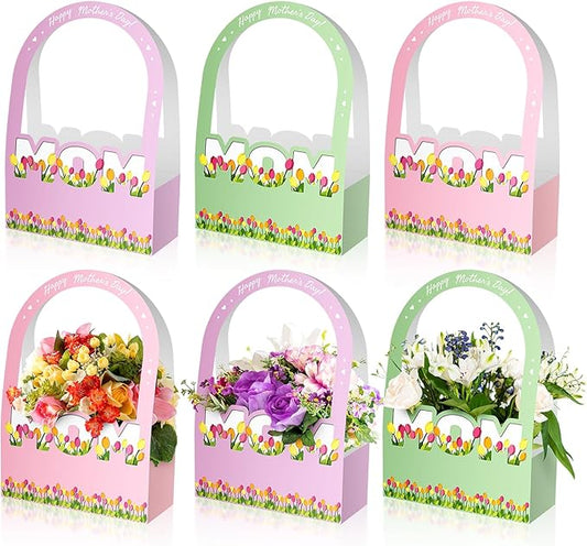 Ranfashiong 6 Pcs Mother's Day Flower Bouquet Paper Boxes Bulk with Long Handles for Florist Floral Gift Packaging for MOM...