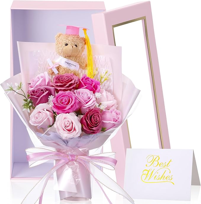 Tigeen 3 Pcs Graduation Gift Bear Flower Bouquet Set, Artificial Soap Rose Bouquet with Mini Plush Graduation Bear, Greeti...