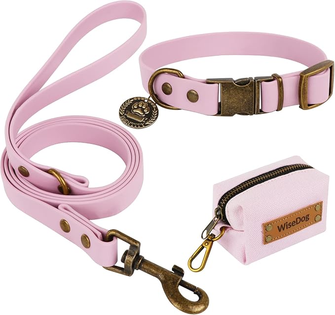 Wisedog Waterproof Dog Collar and Leash Set, Adjustable Puppy Collar with Cute Tag 5FT Dog Leash with Poop Bag for Small M...