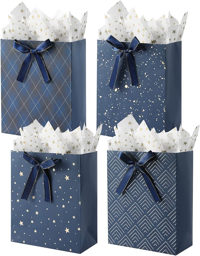 KomoLeay 4 Pack 9" Medium Size Gift Bags Assorted Premium Blue Gift Bags with Tissue Paper Use for Birthdays, Baby Shower,...
