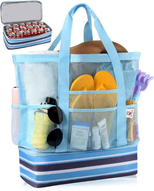 CaCTOUR Beach Bag with Cooler,Mesh Beach Bag for Women Cruise Pool,Packable Sandproof Travel Tote Bag with 8 Pockets