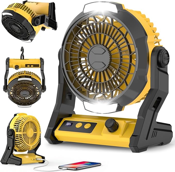 Electactic Rechargeable Camping Fan with 10000mAh Battery, 100-Speed Adjustable, 3-in-1 Desk & Hanging Fan, Timer & Night ...