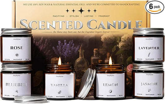AmyRylan 6 Pack Non-Toxic Soy Wax Scented Candles Gift Set, 21oz 120H Long Burn Time, Amber Jar Candles, Gift for Women Un...