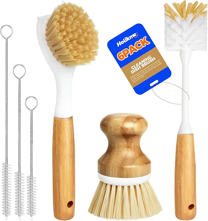 Holikme 6 Pack Dish Brush Scouring Pad Set with Bottle Brush, Dish Brush, Palm Scrub Brush and Straw Brush, Dish Scrubber ...