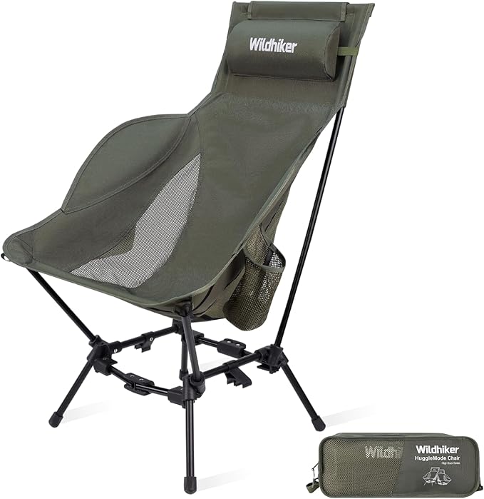 Wildhiker Compact High Back Camping Chair - Foldable with Dual Sitting Modes, Pillow, Arm Pads and Side Pockets - Lightwei...