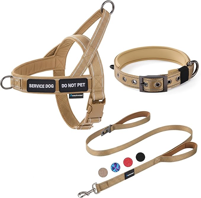 Annchwool No Pull Dog Harness,Heavy Duty Reflective Collar & Leash Set-Leash with Double Handle & Car Seatbelt Clip-Easy C...