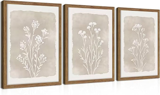Framed Boho Botanical Flower Wall Art Set of 3, Vintage Minimalist Neutral Floral Wall Decor Paintings, Rustic Farmhouse W...