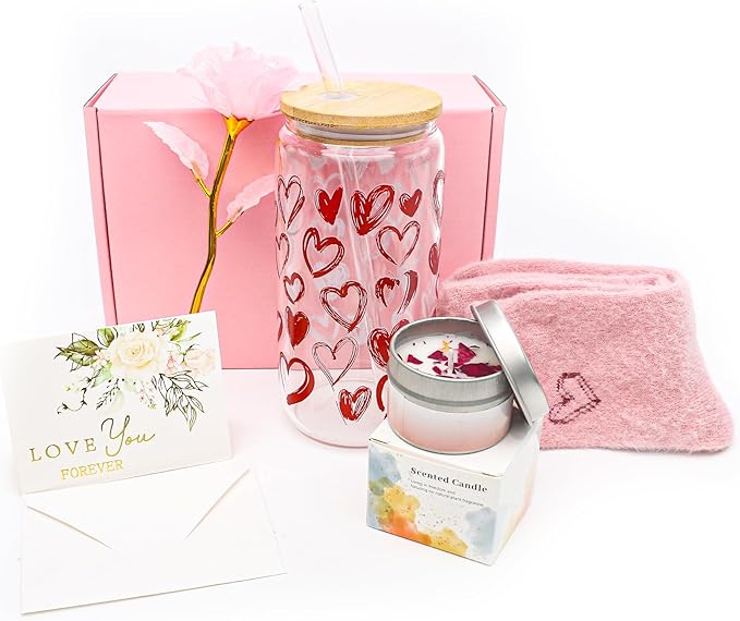 Valentines Day Gifts for Girlfriend 6 PCS Romantic Set with 16 OZ Glass Warm Socks Scented Candles Fake Rose Love Card and...