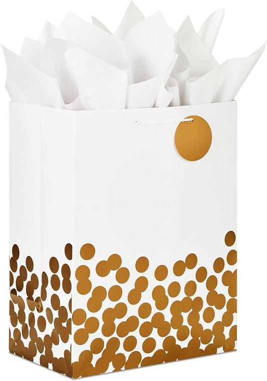 Hallmark 17" Extra Large Gift Bag with Tissue Paper (White with Gold Polka Dots) for Valentine's Day, Weddings, Engagement...