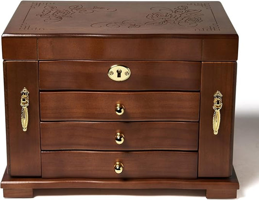 FEECOZ Wooden Jewelry Box for Women, Solid Wood Jewelry Organizer with Mirror and 3-Drawer, Ring,Necklacel,Vintage Style S...