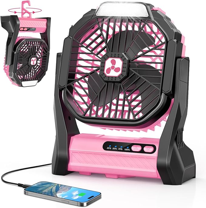 Peouix Portable Rechargeable Fan, 20000mAh Cordless Battery Powered Camping Tent Fans with LED Lantern, Small USB C Operat...