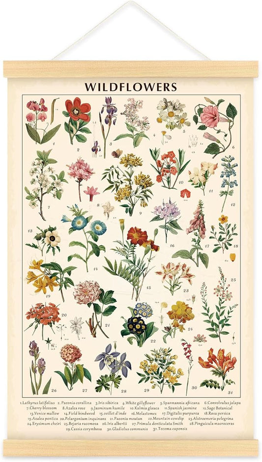 Vintage Wildflowers Poster Botanical Wall Art Prints Colorful Rustic Style of Floral Wall Hanging Illustrative Reference F...