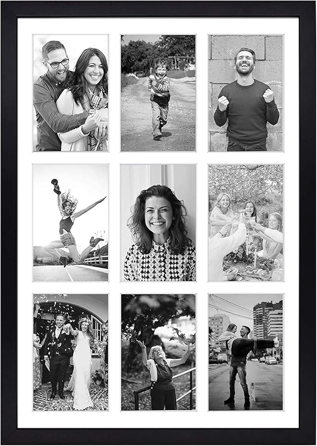 Golden State Art, 13.6x19.7 Black Photo Wood Collage Frame with Real Glass and White Displays (9) 4x6 Pictures