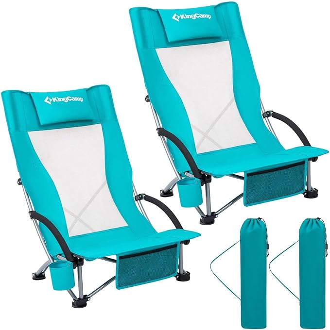 KingCamp Low Beach Chair, High Back Folding Camping Chair for Adults, Oversized Breathable Mesh Seat, 300lbs Heavy Duty Po...