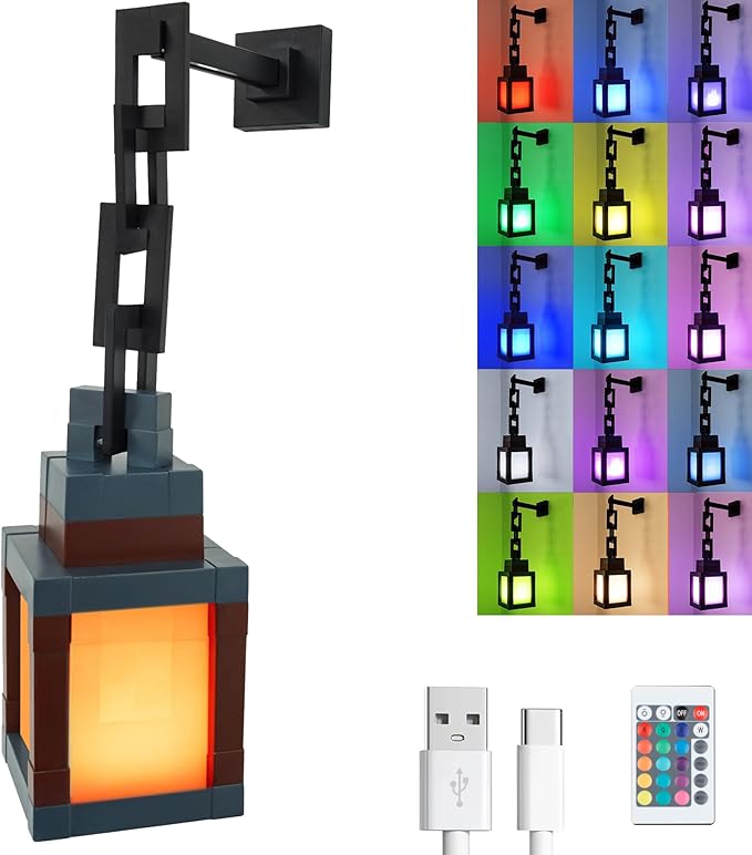 HomeLuvo Pixelated Lantern Night Light Lamp - 16 Color RGB Table or Hanging Pixel Mood Light with Chain - Wall Mountable T...