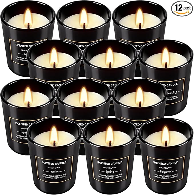 12 Pack Scented Black Candles Gift Set, Natural Soy Wax Aromatherapy Candles for Home, 12 Fragrances, Perfect for Stress R...