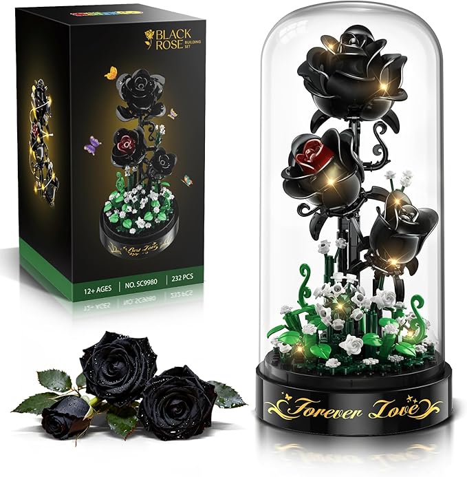 HiWEEGO Flower Building Set with LED Light - 232 PCS Black Rose Building Blocks Kit with Dust Cover, Gift for Mothers Day ...