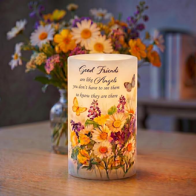 Real Wax Flameless Candles 4x6, Butterfly Daisy LED Pillar Candle with Timer, Battery Operated Flickering Candle, Spring F...