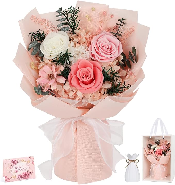 Flowers for Delivery Prime Preserved Flowers Bouquet with Vase That Last 3-5 Years Real Forever Flowers Pink Rose Bouquet ...
