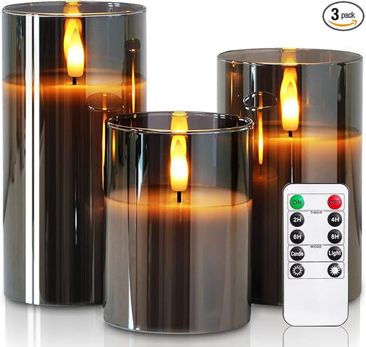 Homemory Grey Glass Flameless Candles, Battery Operated LED Pillar Candles with Remote Control and Timer, Radiance Candle...