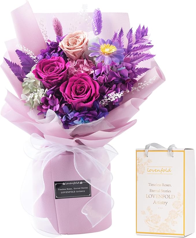 lovenfold Preserved Flowers for Delivery, Purple Rose Bouquets That Last 1-3 Years, Birthday Flowers Gifts for Women Mom G...