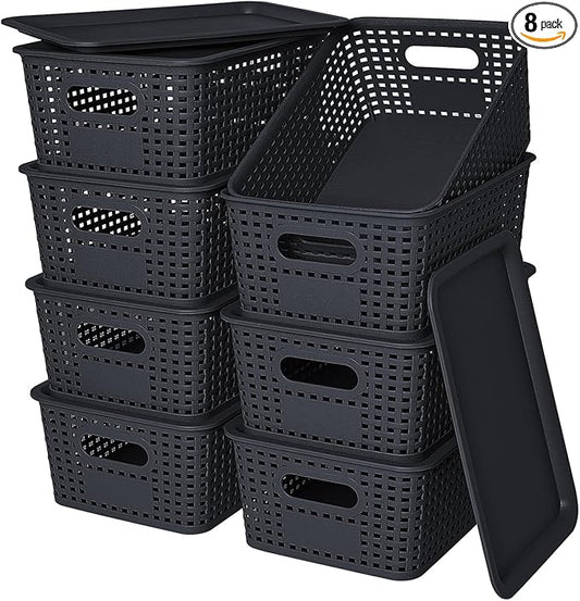 Plastic Storage Baskets with Lid-Plastic Storage Containers Stackable Storage bins: Storage Baskets for Organizing Shelves...