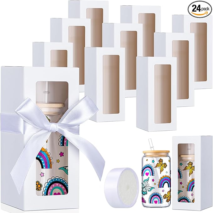 Honoson 24 Pcs Tumbler Gift Box with Ribbon for Sublimation Glass Exhibition Boxes Transparent for 12oz 16oz 20oz Drinking...