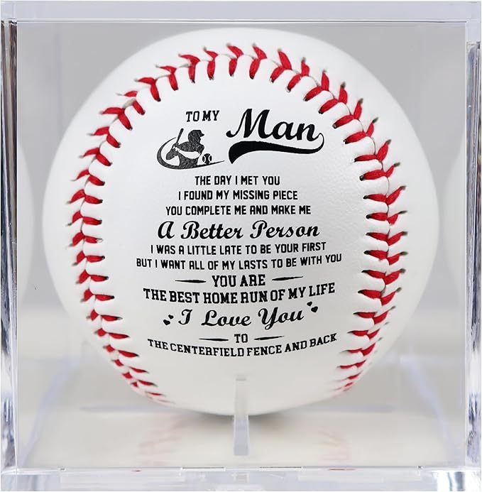 SYNGUCK Engraved Baseball Gift for Husband - You Complete Me Romantic Message - Clear Acrylic Display Case - Wedding, Anni...