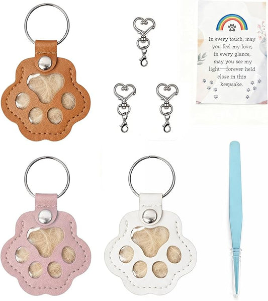 Aurichi Cat & Dog Hair Keychain, Leather Dog Paw Hair Holder Fur Collection Key Chain Keepsake Pet Loss Memorial Gift