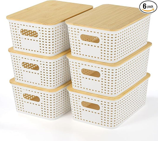 Ohmlove Plastic Storage Baskets With Bamboo Lid - Plastic Storage Containers Stackable Storage bins: Storage Baskets for O...