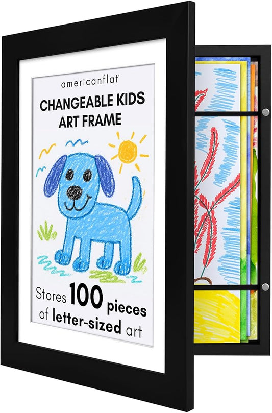 Americanflat Kids Artwork Frame Changeable (Black) - Magnetic Door Holds 100 Art Pieces - 8.5x11 Letter Size Display with ...