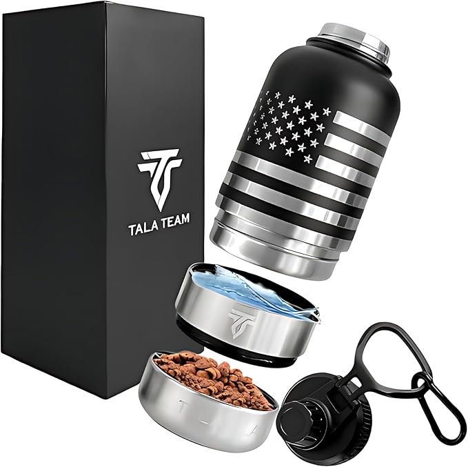 TALA TEAM Insulated Dog Water Bottle Portable (32oz) - Dog Travel Water Bottle with a Hook for Hiking & 2 Bowls Attached. ...