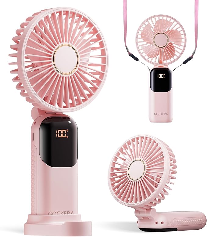 GOCKERA Portable Fan, 4200mAh Battery Operated Fan, 5 Speeds&Digital Display, Makeup Fans for Women with Base, 180°Foldabl...