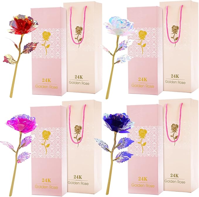 Hedume Set of 4 Rose Flower Present Golden Foil with Luxury Gift Box, 24K Colorful Rose Artificial Flower Great Gift for V...
