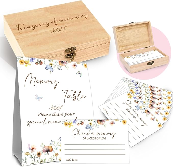 Fisahat Memory Box for Wedding with 50 Psc Share A Memory Cards，Wildflowers butterflies Bridal Shower Games,Share A Memori...