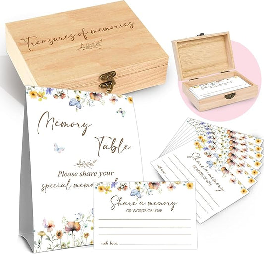 Fisahat Memory Box for Wedding with 50 Psc Share A Memory Cards，Wildflowers butterflies Bridal Shower Games,Share A Memori...